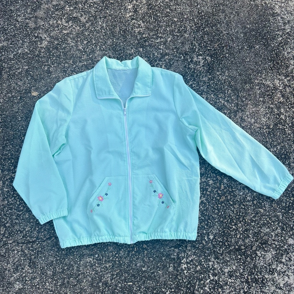 Light Blue Zip-Up Jacket with Floral Embroidery